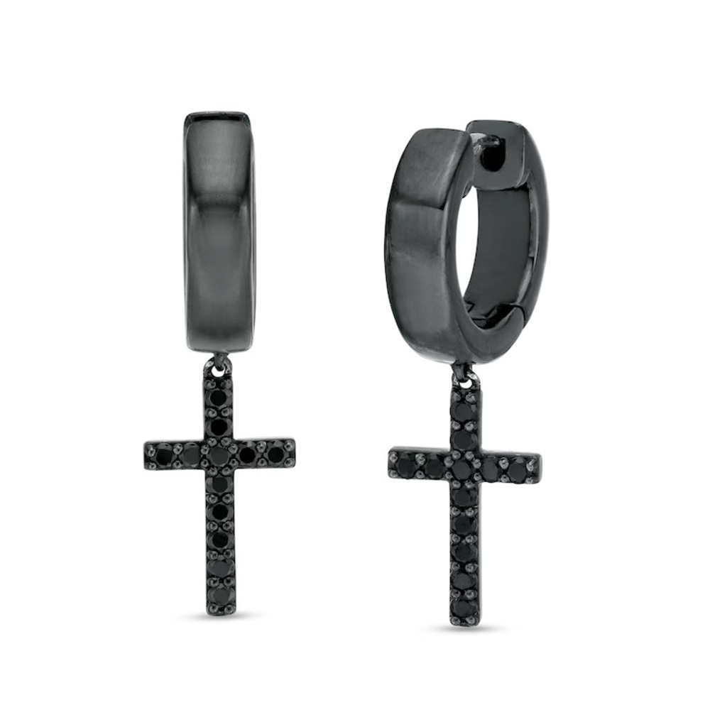 NWT Vera Wang Men 3/8 Black Diamond Cross Hoop Drop Earrings Sterling Silver